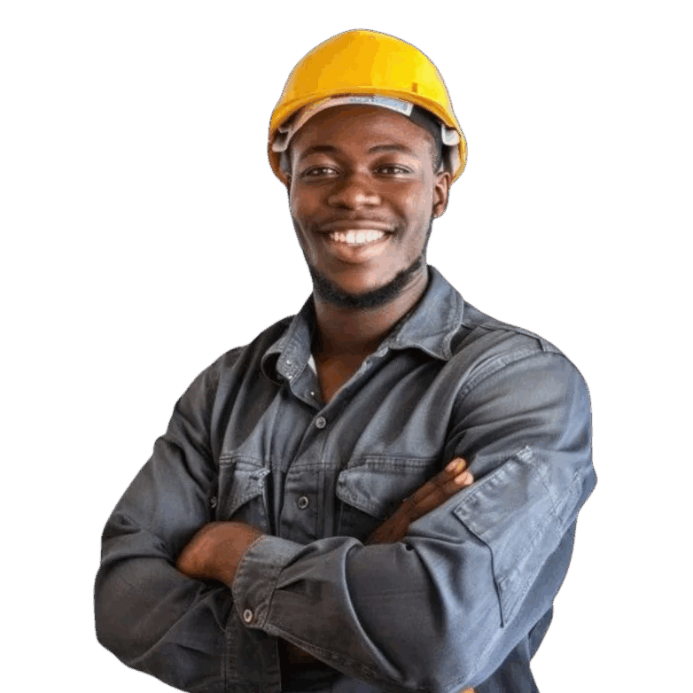 Smiling engineer in a yellow hard hat with arms crossed