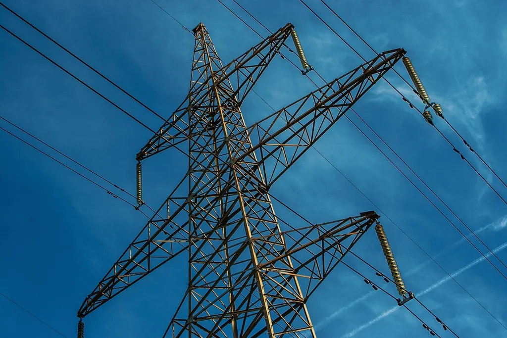 Steel transmission pylon against a blue sky
